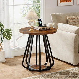 Mesa Auxiliar Redonda Industrial de 2 Niveles, Mesa de Centro con Detalles en Madera, Base Metálica Curva Geométrica, Mesa de Noche para Sala de Estar, Soporte para Plantas - Product Image 3