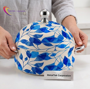 Luxury 3Pc Stainless Steel Casserole Set Blue Floral Arabian Style Insulated Hot Pot Food Warmer Serving Dish Customized Colours - Product Image 4