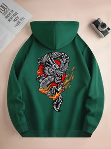 Green Unisex Hooded Sweatshirt Letter Print <b>Back</b> Casual Winter Wear Loose Fit 100% Cotton Fleece Anti-Pilling Knitted Fabric - Product Image 1