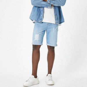 Shorts Bermuda en jean bleu clair pour homme, taille mi-haute, élastique, respirant, couleur unie, 100 % coton tissé, poches, déchirures sur le devant - Product Image 3