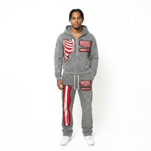 Blouson tendance à capuche et cordon de serrage, noir et rouge, avec motif côtelé, strass vieillis, style streetwear hiver, manches longues, pour homme - Product Image 4