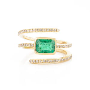 14K Solid Gold Octagon Emerald and Diamond Spiral Ring for Women - Product Image 2