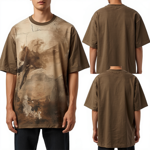 เสื้อยืดทรงโอเวอร์ไซส์สำหรับผู้ชาย พรีเมียม ผ้าหนา พิมพ์ลายดิจิทัลแนวศิลปะที่ได้รับแรงบันดาลใจจาก Horizon พร้อมงานปักคุณภาพสูง - Product Image 4