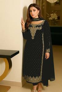 Élégant Salwar Kameez en Soie Brodé Bleu Marine, Coupe Ample Longueur Ras du Sol, Tenue de Mariage Indienne/Pakistanaise pour Femme, Toutes Saisons, Livraison Rapide - Product Image 3