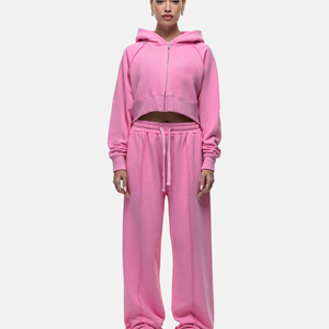 Ensemble de survêtement léger rose à capuche pour femme, haut court et pantalon de jogging, 2 pièces décontractées en coton tricoté, coupe classique, pour l'hiver - Product Image 1
