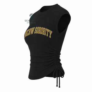 NCBW Sorority Women's Bling Rhinestone Ribbed Tank <b>Top</b> Ruched Side Crew Neck <b>Raglan</b> Cap Sleeve Casual Crop <b>Top</b> - Product Image 3