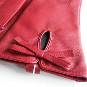 Red Leather <b>Gloves</b> With Bow Detail Wrist Length Sweet Style For Winter Casual Wear - Product Image 6
