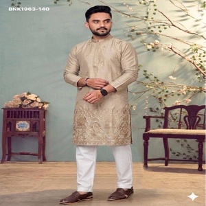 Ocassional wear Star Cotton with Embroidery Flower Butti & Elephant Motif work Knee-Length <b>Kurta</b>-Payjama Indian Exporter - Product Image 1