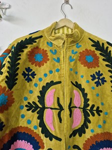 Luxury Yellow <b>Velvet</b> Suzani Embroidered <b>Jacket</b> with Floral Print Full Sleeve Stand Collar Bohemian <b>Women's</b> Winter Outerwear - Product Image 4