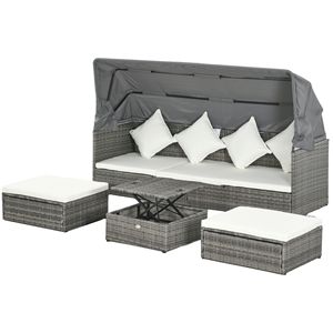 Set Divano da Esterno in Vimini Regolabile in Altezza con Tettuccio Retrattile e Cuscini - 4 Pezzi Crema - Product Image 1