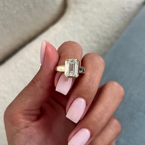 Unique Design Emerald Cut Lab Grown <b>Diamond</b> <b>Ring</b> 18K Yellow Gold Bezel Setting IGI Certified Trendy Engagement Wedding Jewelry - Product Image 4
