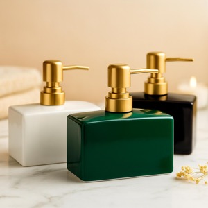 Modern Bathroom <b>Soap</b> And Lotion Dispenser <b>Set</b> With Gold Pump Bottles On Wooden Tray Perfect For Vanity Counter Decor From India - Product Image 6