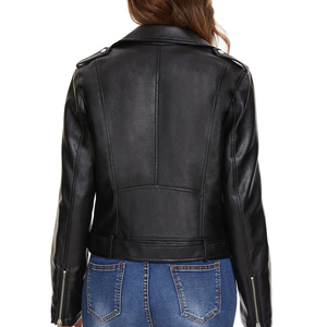 Blouson moto en similicuir noir pour femme, coupe courte, fermeture éclair, col cranté, manches longues, vêtement d'extérieur décontracté - Product Image 5