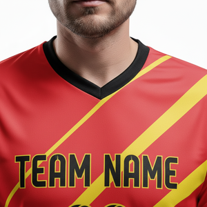 Ensemble de maillots de football rayés rouge et jaune pour hommes, col en V, sans manches, évacuation de l'humidité, impression numérique, nom de l'équipe, nom du joueur, hiver 99 - Product Image 5