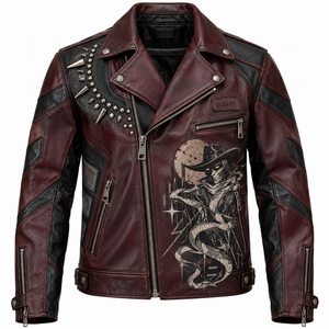Chaqueta de Cuero con Tachuelas Personalizada para Hombre, Chaqueta de Motociclista con Estampado Gráfico, Abrigo Gótico Vintage Color Granate, Prenda Exterior de Cuero Vacuno Auténtico OEM - Product Image 1