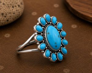 Top Selling Handmade 925 Sterling Silver Plated Blue Turquoise Floral Cluster <b>Statement</b> <b>Ring</b> Boho Vintage Opaque Gemstone - Product Image 3