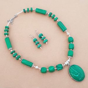Conjunto de collar y pendientes de malaquita, joyería de piedras preciosas hecha a mano para mujer, con baño de plata, regalo al por mayor - Product Image 2