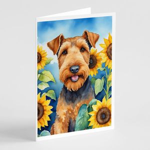 Whimsical Airedale Terrier en girasoles TARJETAS DE NOTAS Paquete de 8 tarjetas de felicitación en blanco A7 tamaño 5x7 con sobres - Product Image 1
