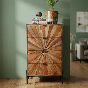 Armoire de rangement vintage en bois de sheesham et de mangue à quatre tiroirs avec motif soleil couchant, commode rustique multicolore pour chambre à coucher ou salon - Product Image 5