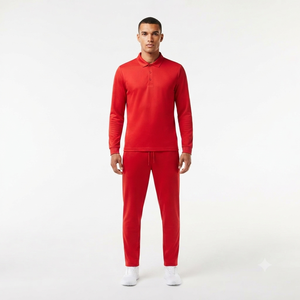 Ensemble de survêtement décontracté pour homme, polo rouge à manches longues et pantalon à cordon de serrage, couleur unie, coupe classique, 100% coton, vêtements de printemps - Product Image 1