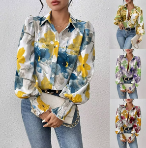 Women Watercolor Floral Print Blouse Long Sleeve Button Down Shirt Ruffle Hem Casual Fashion <b>Top</b> - Product Image 3