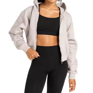 Custom <b>Cropped</b> <b>Zip</b> <b>Up</b> <b>Hoodie</b> Women Solid Color Full <b>Zip</b> Hooded Sweatshirt with Pockets Activewear Crop Top <b>Hoodie</b> For Outerwear - Product Image 3