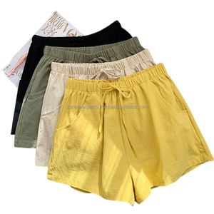 Short en lin kaki pour femme avec ceinture élastique avec cordon de serrage et ourlet roulé Style d'été décontracté respirant avec poches latérales - Product Image 5