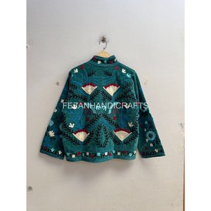 <b>Women</b> Hand <b>Embroidered</b> Velvet <b>Jacket</b> Mandarin Collar Floral Suzani Style Short Coat Inside Cotton Lining <b>Jacket</b> <b>For</b> Winter Coat - Product Image 4