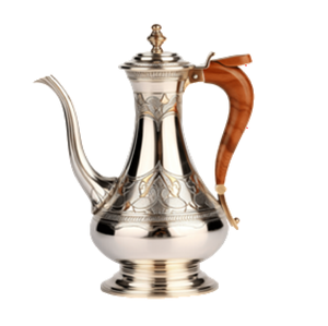 Minimalist silver <b>Arabic</b> Dallah pot accented with a sleek, ergonomic wooden handle look. Available at wholesale price. - Product Image 1