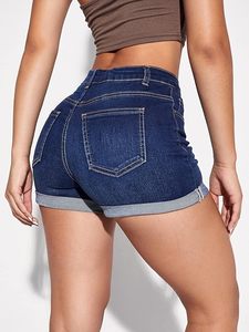 Shorts en jean taille mi-haute pour femme, bleu foncé, écoresponsable, délavé, coupe droite, décontracté, été, en coton tissé - Product Image 3