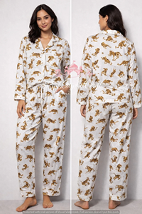 Hand-Block Printed Leopard Motif Knitted Cotton Eco-Friendly Breathable Women's Pajama Set Elegant White Full-Sleeve Button-<b>Down</b> - Product Image 3