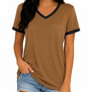 Women's Brown V-Neck Short Sleeve T-Shirt with Pocket Casual Organic Cotton Fleece Breathable <b>Top</b> Spring Summer Wear - Product Image 3