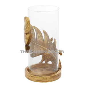 Leaf Design <b>Hurricane</b> <b>Candle</b> Holder Antique Gold Finish Aluminum Metal With Clear Glass Luxury Style Home Indoor Lighting Decor - Product Image 1