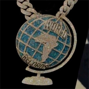 Collier pendentif globe des records mondiaux en or massif 14K, plaqué or rose, alliage de zinc, style hip-hop, unisexe, cadeau - Product Image 1