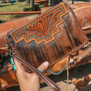 Hair On <b>Tooled</b> <b>Leather</b> Handbags for Women | Genuine Cowhide Western Crossbody Sling Bag with Hand <b>Tooled</b> Design - Product Image 1