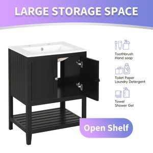 Meuble-lavabo de salle de bain moderne et élégant noir de 24 pouces avec lavabo en céramique raffiné, cadre en bois massif et étagère ouverte - Vidéo produit - Product Image 5