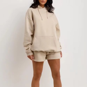 Hot Selling OEM Custom Women Winter Plus Size Casual Solid Color Fleece Eco-Friendly Oversized Hoodie Shorts Set For Sale - Product Image 2