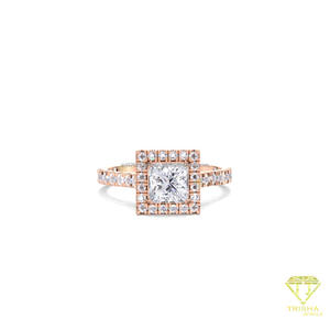 Bague de fiançailles en moissanite taille princesse avec halo de diamants en or jaune 14 carats, bande pavée, pour mariage, promesse ou anniversaire - Product Image 3