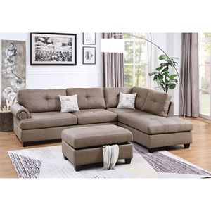 Divano Sezionale Contemporaneo a 3 Posti in Tessuto Mocha Dorris con Chaise Longue Reversibile, Pouf e Cuscini per Soggiorno - Product Image 4