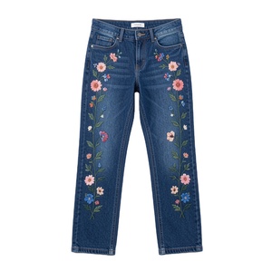Women Indigo Blue <b>Embroidered</b> Breathable High Waist Denim <b>Jeans</b> Straight Fit Casual Streetwear Dark Cotton Pants Custom OEM OD - Product Image 1