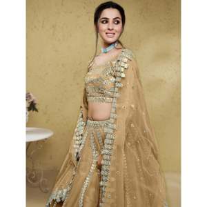 Stunning Beige Foil Work <b>Net</b> Wedding Lehenga Choli with Dupatta for Women - Product Image 4