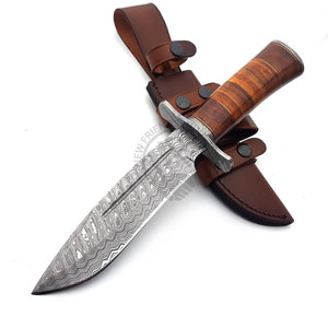 Nouvelle édition personnalisée de couteau de survie ambidextre fait main en acier Damas 1095, couteau de chasse Bowie en bois de rose avec manche en cuir empilé - Product Image 1