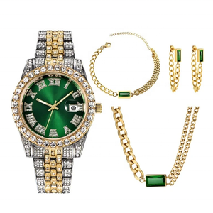 NW1395 Relojes de Diamantes para Mujer, Relojes de Pulsera Creativos de Acero con Diamantes, Relojes de Cuarzo, Pulseras, Collar y Pendientes, 4 Piezas - Product Image 1