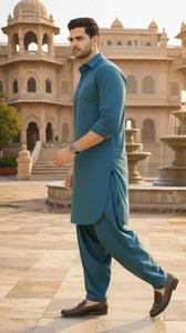 Conjunto de Kurta y Pijama de Algodón Color Verde Azulado para Hombre, Manga Larga, Color Sólido, Ropa Casual Diaria, Estilo Étnico de India y Pakistán - Product Image 2