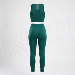 Ensemble de yoga sans couture pour femmes, leggings vert à taille haute et soutien-gorge de sport à col rond, tenue de sport 2 pièces - Product Image 2
