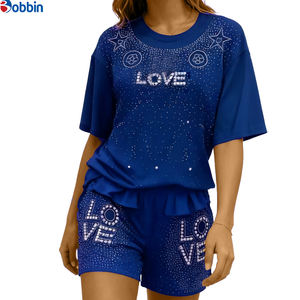 Ensemble 2 pièces personnalisé pour femme, nouvelle mode été, avec strass, short et haut, en coton et élasthanne respirant - Product Image 3