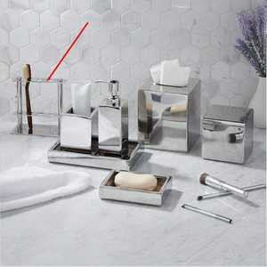 Juego de baño moderno de metal con dispensador de jabón, soporte para cepillos de dientes y organizador decorativo para baño - Product Image 1