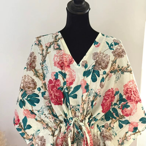 New Style Cotton Women Dress with Drawstring Long Robe Loose Printing Cover up <b>Maxi</b> <b>Kaftan</b> Cotton Women Dress with Drawstring - Product Image 1