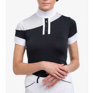 Camisa de equitación para mujer con bloques de color, manga corta, cuello alto, cierre de botones, top de punto transpirable - Product Image 1