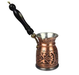 Magnifique cafetière turque, grecque et arabe en cuivre et laiton gravé, pour cuisinière, avec poignée en bois (Cezve, Ibrik, Briki) - Product Image 2